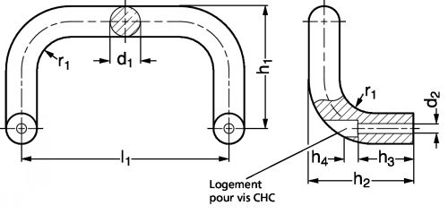 Poignée étrier coudée, aluminium, alésée - Schéma