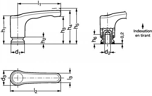 Manette indexable technopolym&egrave;re bleu d&eacute;tectable, &agrave; insert taraud&eacute; inox 316, conception hygi&eacute;nique - Sch&eacute;ma