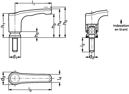 Manette indexable technopolym&egrave;re bleu d&eacute;tectable, &agrave; tige filet&eacute;e inox 316, conception hygi&eacute;nique - Sch&eacute;ma