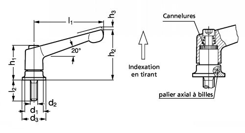 Manette indexable zamac, &agrave; palier, &agrave; tige filet&eacute;e, acier ou inox - Sch&eacute;ma