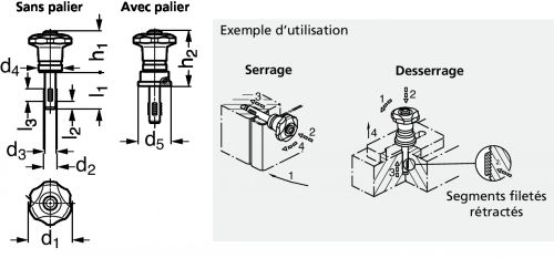 Bouton &eacute;toile technopolym&egrave;re &agrave; tige filet&eacute;e acier ou inox, &agrave; serrage rapide, avec ou sans palier - sch&eacute;ma
