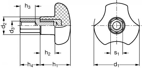 Bouton à trois bras technopolymère, avec six pans de serrage acier ou inox - Schéma