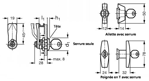 Loquet à came avec serrure, inox - Schéma