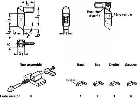 Verrou à ressort de rappel avec dispositif de blocage, à souder, acier ou inox - Schéma