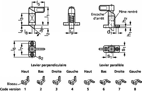 Verrou à ressort de rappel avec dispositif de blocage et embase perpendiculaire, acier ou inox - Schéma