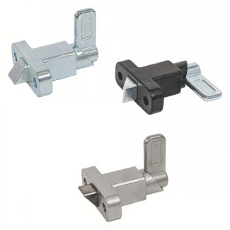 Verrou à ressort de rappel avec dispositif de blocage et embase perpendiculaire, Acier zingué passivé bleu, levier perpendiculaire, biseau en haut