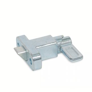 Verrou à ressort de rappel avec dispositif de blocage et embase perpendiculaire, Acier zingué passivé bleu, levier parallèle, biseau en bas