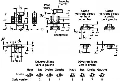 Verrou à ressort de rappel avec dispositif de blocage et embase parallèle, acier ou inox - Schéma
