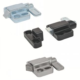 Verrou à ressort de rappel avec dispositif de blocage et embase parallèle, Acier zingué passivé bleu, sans gâche, déverrouillage vers la gauche, biseau vers le haut