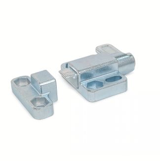 Verrou à ressort de rappel avec dispositif de blocage et embase parallèle, Acier zingué passivé bleu, avec gâche, déverrouillage vers la droite, biseau vers le bas