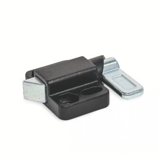 Verrou à ressort de rappel avec dispositif de blocage et embase parallèle, Acier zingué pelliculé noir, sans gâche, déverrouillage vers la gauche, biseau vers la droite