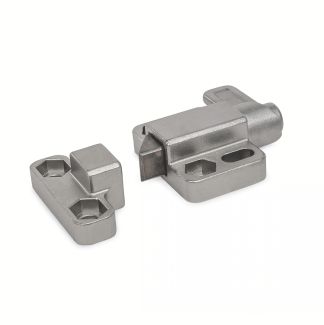 Verrou à ressort de rappel avec dispositif de blocage et embase parallèle, Inox, avec gâche, déverrouillage vers la droite, biseau vers la gauche