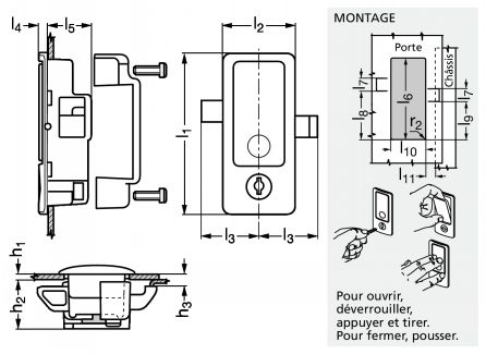 Verrou à fermeture par poussée affleurant - Schéma