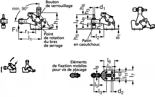 Sauterelle verticale compacte, inox, à embase horizontale, avec ou sans bouton de verrouillage - Schéma