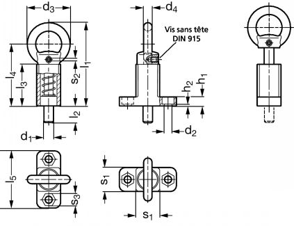 Doigt d'indexage avec anneau de traction et embase perpendiculaire, acier ou inox - Schéma
