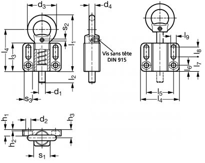 Doigt d'indexage avec anneau de traction et embase parallèle, acier ou inox - Schéma