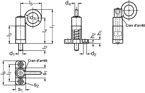 Doigt d'indexage avec anneau de traction, dispositif de blocage et embase perpendiculaire, acier ou inox - Schéma