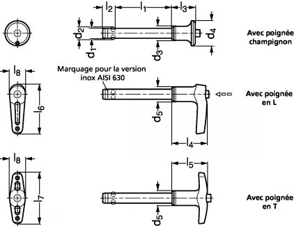 Broche &agrave; billes inox 303 ou 630, &agrave; poign&eacute;e en aluminium - Sch&eacute;ma