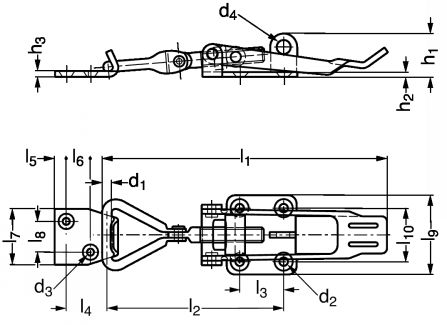 Grenouill&egrave;re &agrave; crochet r&eacute;glable, acier ou inox, avec trou pour cadenas - sch&eacute;ma