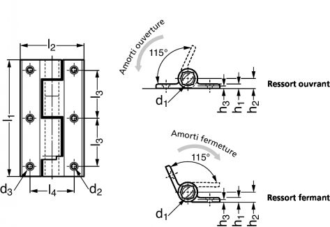 Charnière à ressort et amortissement aluminium - Schéma