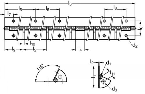 Charnière longue avec butée à 65°, inox - Schéma