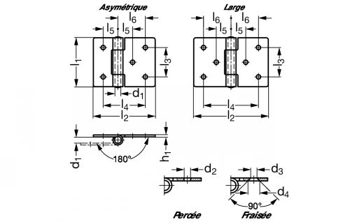 Charnière asymétrique ou large, noeud à plat, inox 316 - Schéma