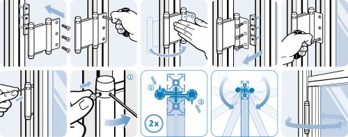 Charni&egrave;re &agrave; ressort r&eacute;glable, double action, inox - Montage