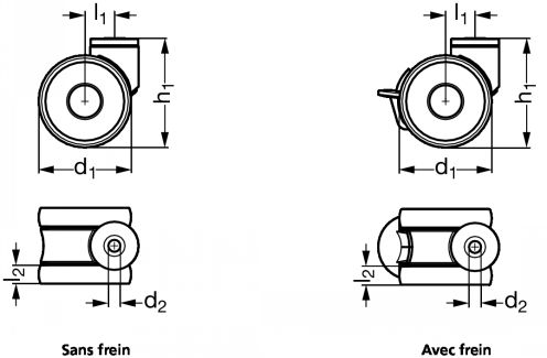 Roulette pour meuble pivotante, &agrave; trou central - Sch&eacute;ma