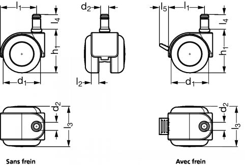 Roulette pour meuble pivotante, &agrave; tige &agrave; clips - Sch&eacute;ma