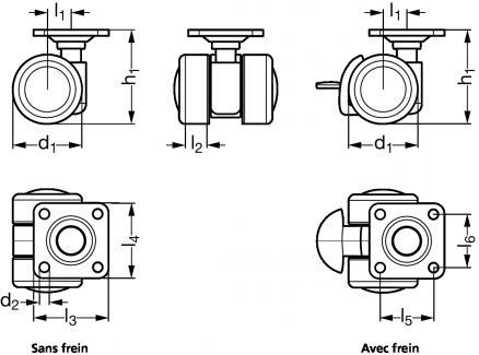 Roulette pour meuble pivotante, &agrave; platine - Sch&eacute;ma