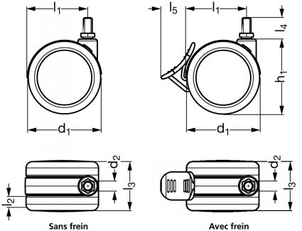 Roulette pour meuble pivotante, &agrave; tige filet&eacute;e - Sch&eacute;ma