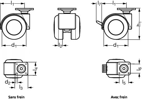 Roulette pour meuble pivotante, &agrave; platine - Sch&eacute;ma