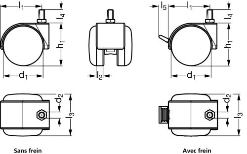 Roulette pour meuble pivotante, &agrave; tige filet&eacute;e - Sch&eacute;ma