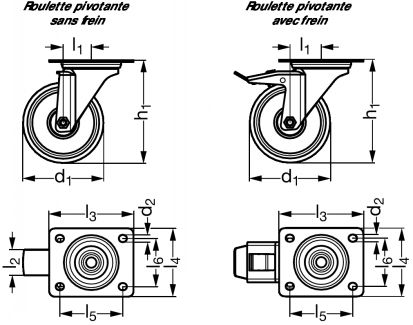 Roulette charge moyenne haute temp&eacute;rature, pivotante, &agrave; platine - Sch&eacute;ma