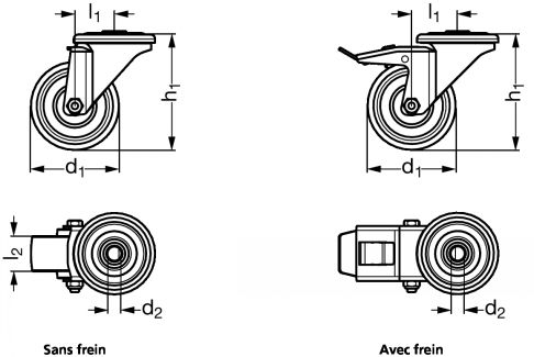 Roulette charge moyenne pivotante, &agrave; trou central, inox - Sch&eacute;ma