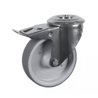 Roulette charge moyenne pivotante, &agrave; trou central, inox, Avec frein arri&egrave;re