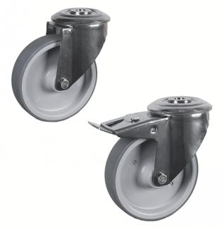 Roulette charge moyenne pivotante, &agrave; trou central, inox