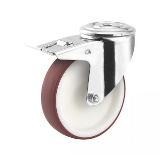 Roulette charge moyenne pivotante, &agrave; trou central, inox, Avec frein arri&egrave;re