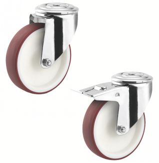 Roulette charge moyenne pivotante, &agrave; trou central, inox