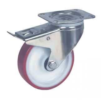 Roulette forte charge &agrave; platine, inox, Pivotante, avec frein arri&egrave;re