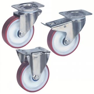 Roulette forte charge pivotante ou fixe, &agrave; platine, inox