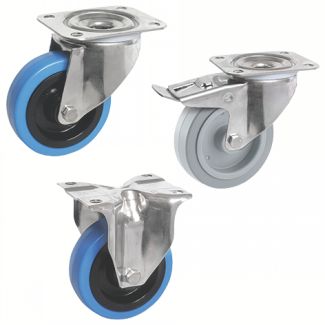 Roulette forte charge &agrave; platine, inox, Pivotante, sans frein, bleue