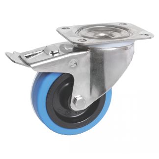 Roulette forte charge &agrave; platine, inox, Pivotante, avec frein arri&egrave;re, bleue