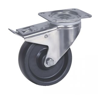 Roulette charge moyenne &agrave; platine, inox, Pivotante, avec frein arri&egrave;re