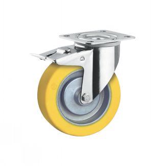 Roulette charge moyenne haute temp&eacute;rature, &agrave; platine, inox, Pivotante, avec frein arri&egrave;re