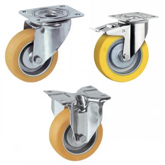 Roulette charge moyenne haute temp&eacute;rature, pivotante ou fixe, &agrave; platine, inox