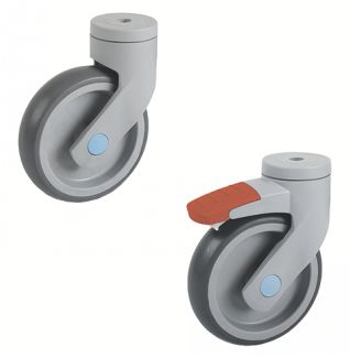 Roulette charge moyenne pivotante, &agrave; trou central, inox