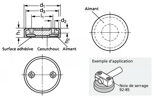 Aimant plat à double taraudage - Schéma