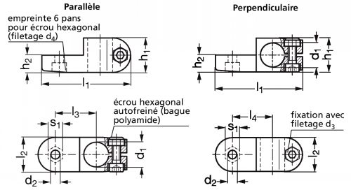 Connecteur de tube articulé petit modèle, aluminium ou inox, parallèle ou perpendiculaire - Schéma