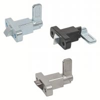 Verrou à ressort de rappel avec dispositif de blocage et embase perpendiculaire, Acier zingué passivé bleu, levier perpendiculaire, biseau en haut